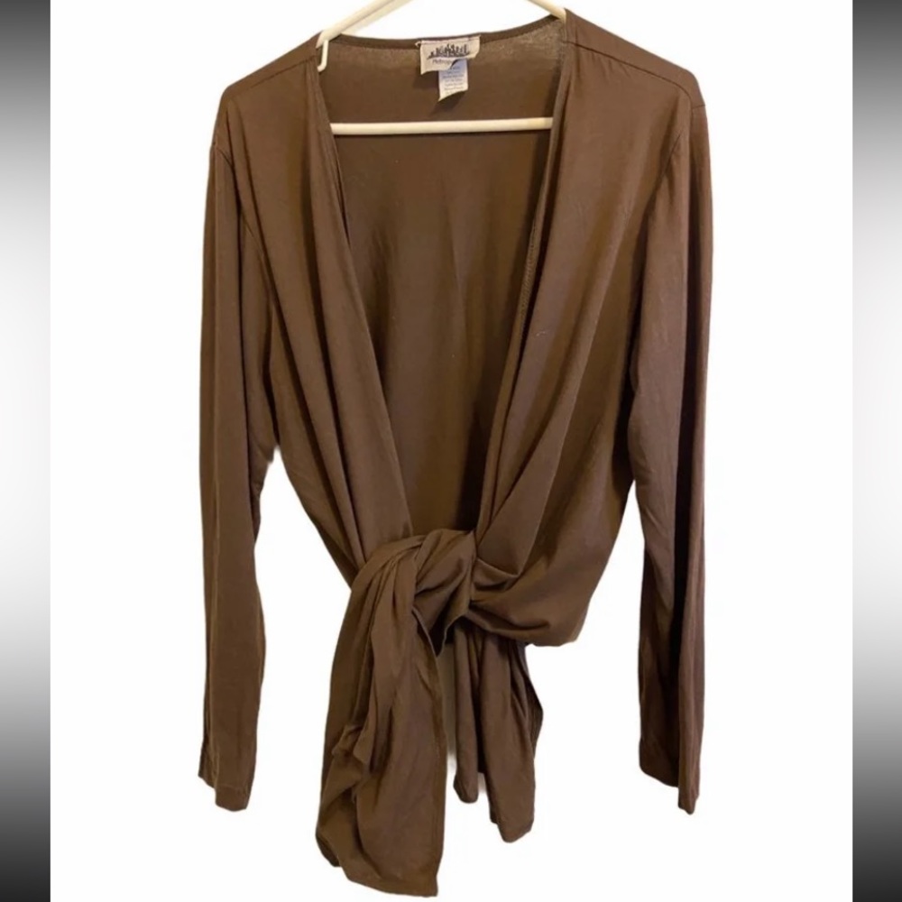 Metropolitan brown long sleeve tied shrug wrap 
100% cotton Cardigan medium